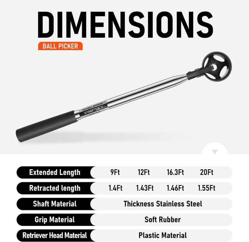 VIMPSEY 9Ft/12Ft/16.3Ft/20Ft Golf Ball Retriever for Water Telescopic, Stainless Steel Ball Retriever Tool Golf Ball Grabber - Image 5